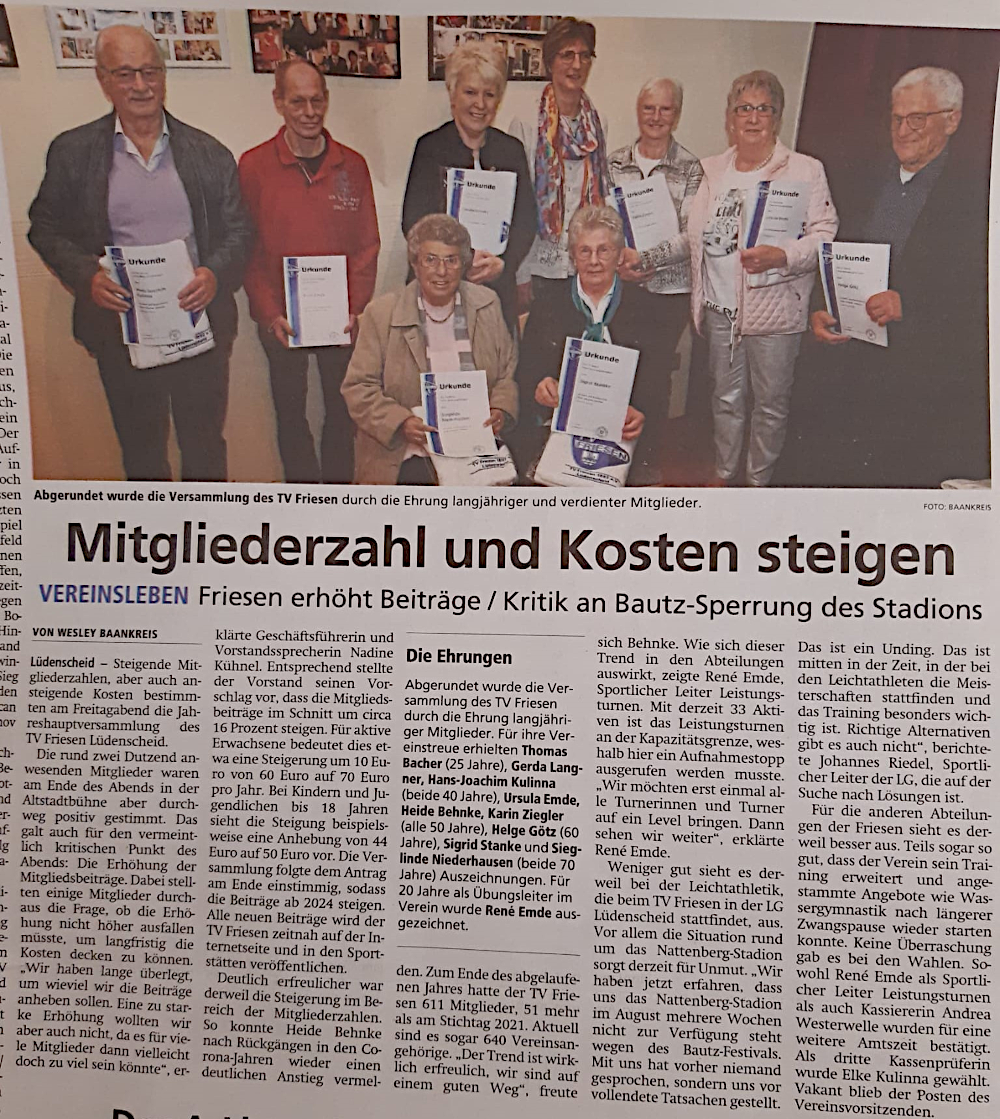 Bild und Zeitungsbericht JHV TV Friesen Lüdenscheid 2022